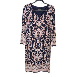 Glamour Womens Long Sleeve Dress Size 12 Navy & Pink Baroque Print Polyester 374